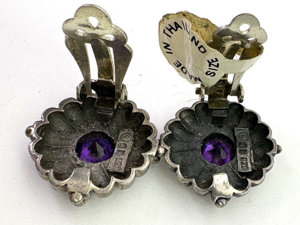 Vintage 925 Sterling Silver Amethyst Clip-On Earrings Thailand Floral Sunburst