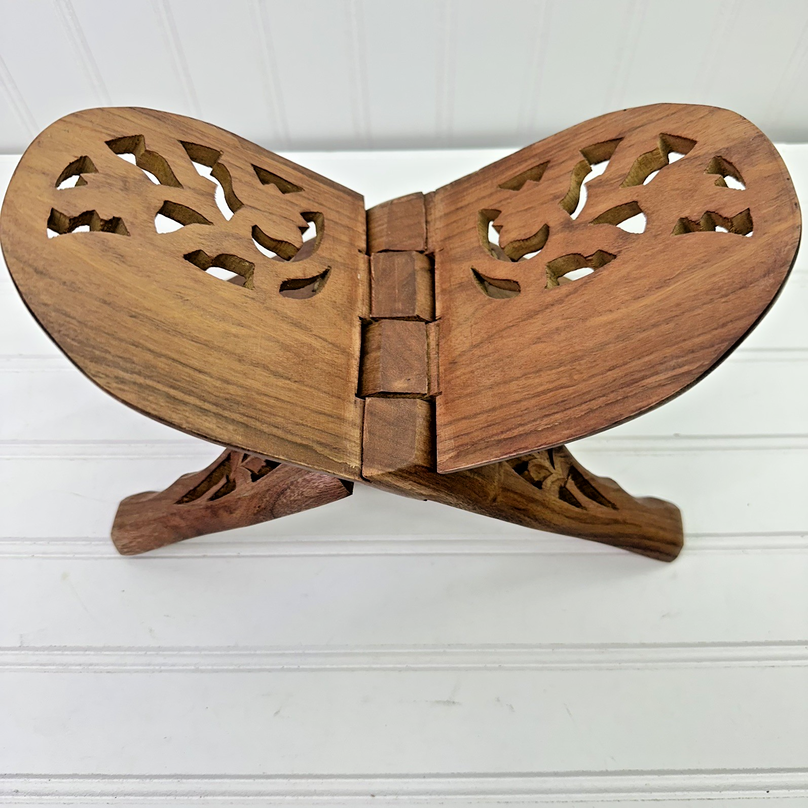 12” Hand Carved Wooden Folding Book Stand Brass Inlay Rehal Quran Bible India