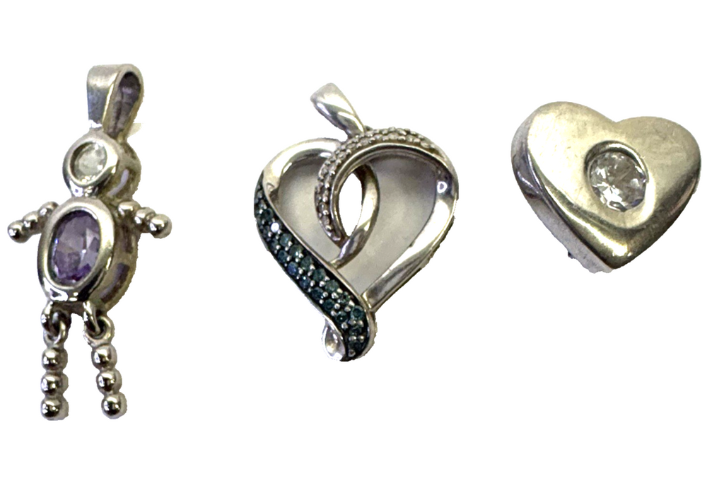 925 Sterling Silver Charm Pendant Lot Heart Blue CZ Girl Figure 3pc 7.36g Vintag