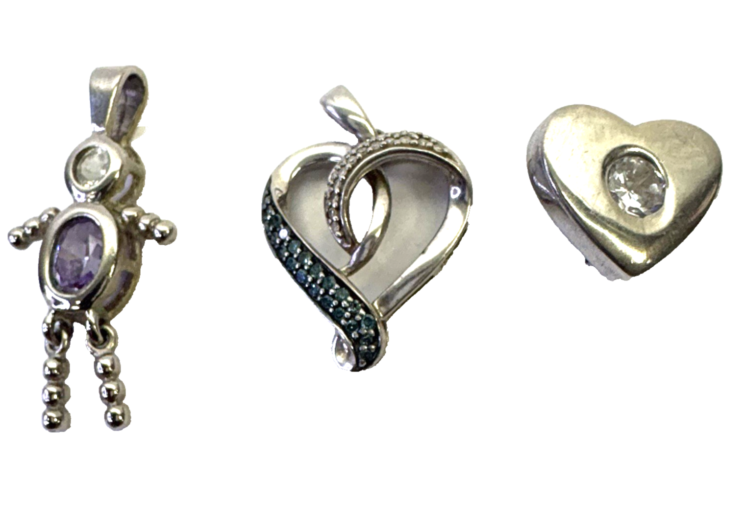 925 Sterling Silver Charm Pendant Lot Heart Blue CZ Girl Figure 3pc 7.36g Vintag