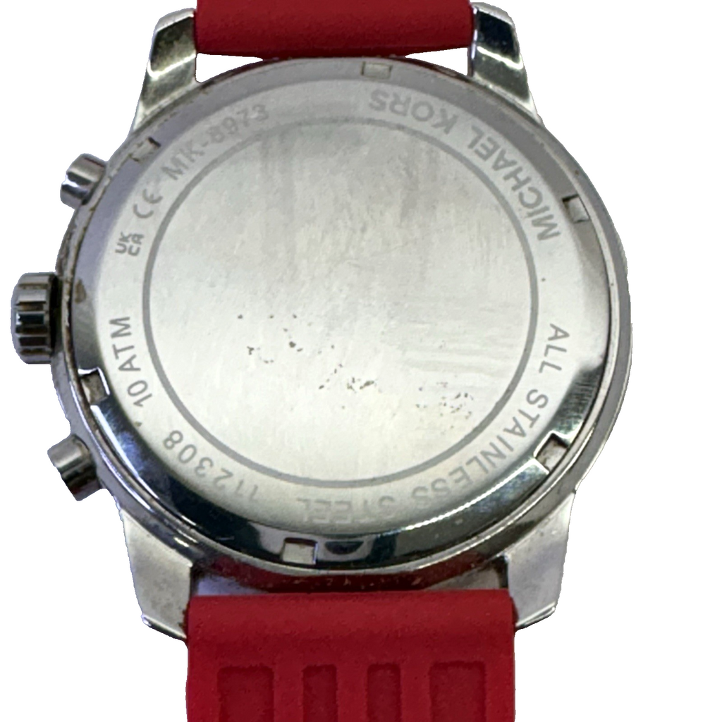 Michael Kors Cunningham Mens Chronograph Watch, Black Dial, Red Silicone Strap