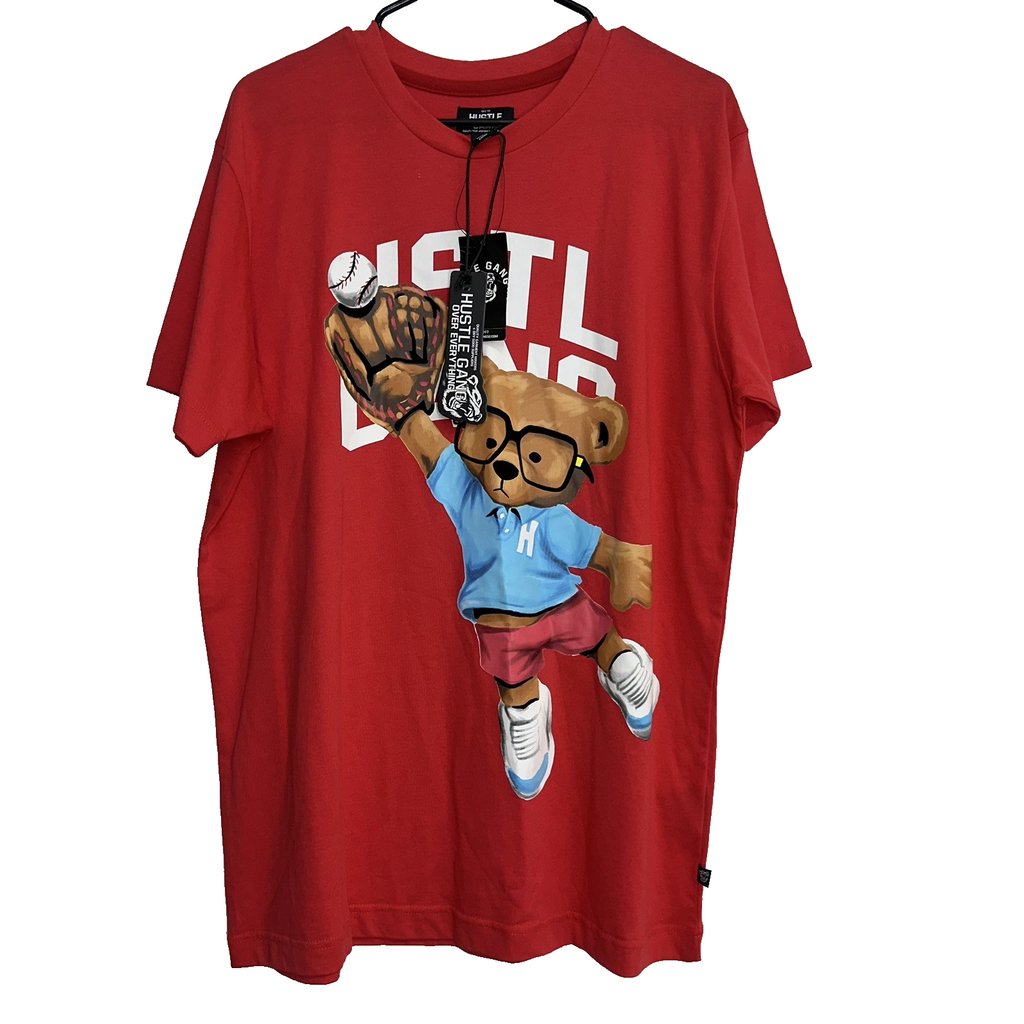 New Hustle Gang Bear Baseball Glove Graphic T-Shirt Mens M Red 100% Cotton