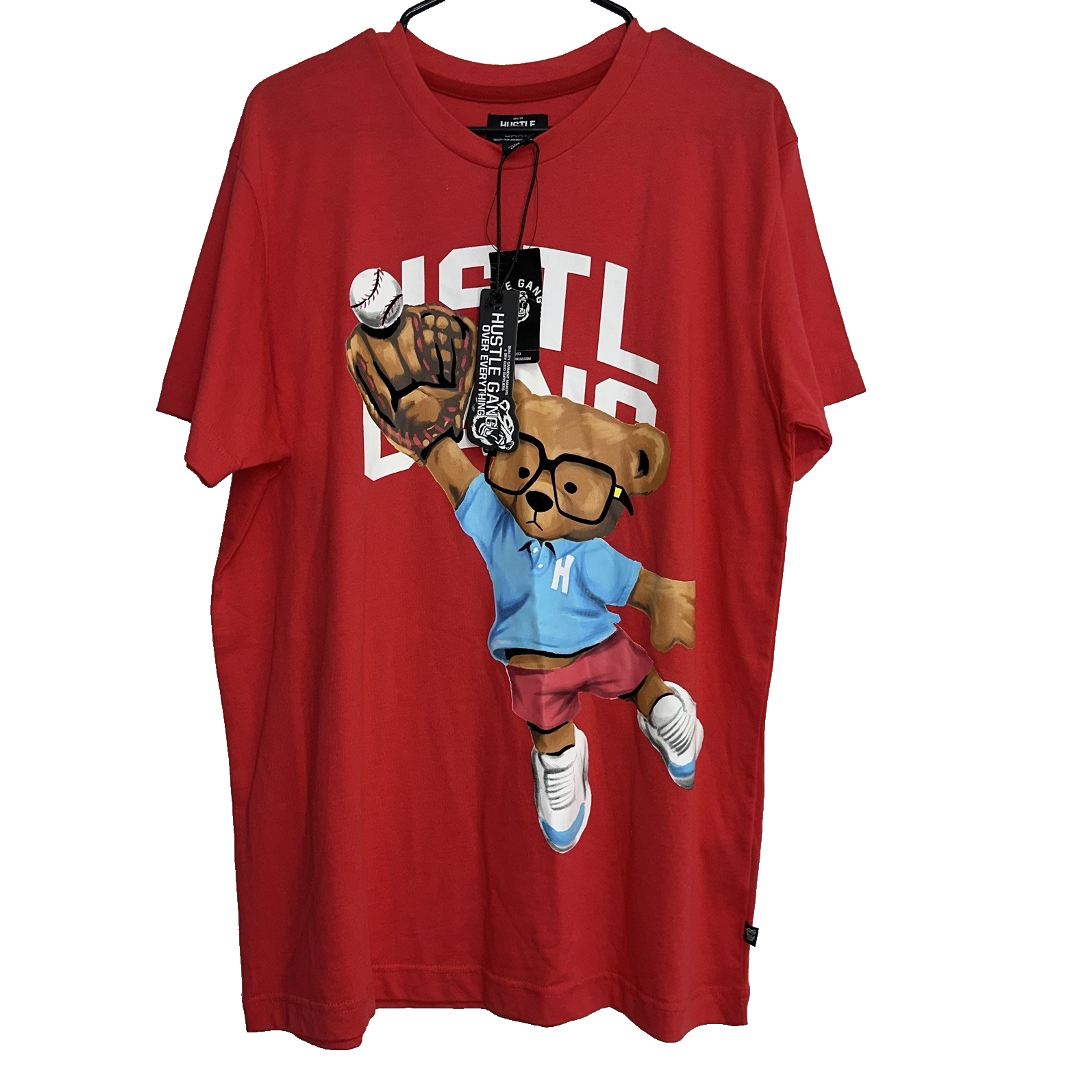 New Hustle Gang Bear Baseball Glove Graphic T-Shirt Mens M Red 100% Cotton