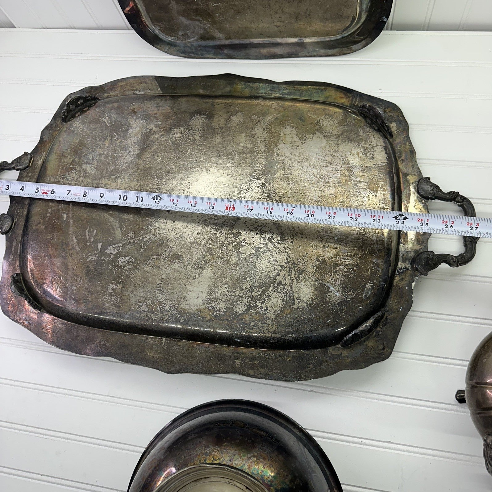 4 Vintage Silverplate Tray Set Lot Tea Coffee Pot Bowl Ornate Serving