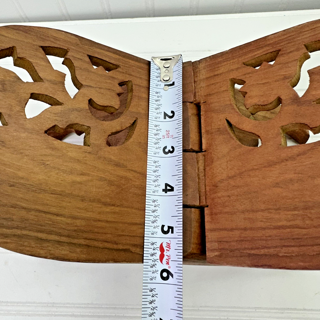 12” Hand Carved Wooden Folding Book Stand Brass Inlay Rehal Quran Bible India