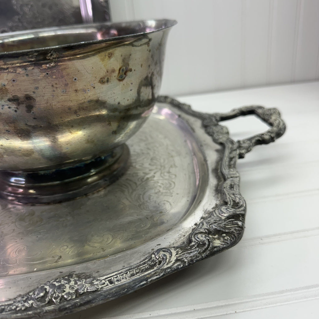 4 Vintage Silverplate Tray Set Lot Tea Coffee Pot Bowl Ornate Serving