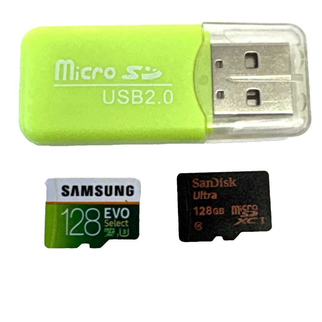 Lot of 2x 128GB Micro SD Cards Samsung EVO Select & SanDisk Ultra + USB Reade