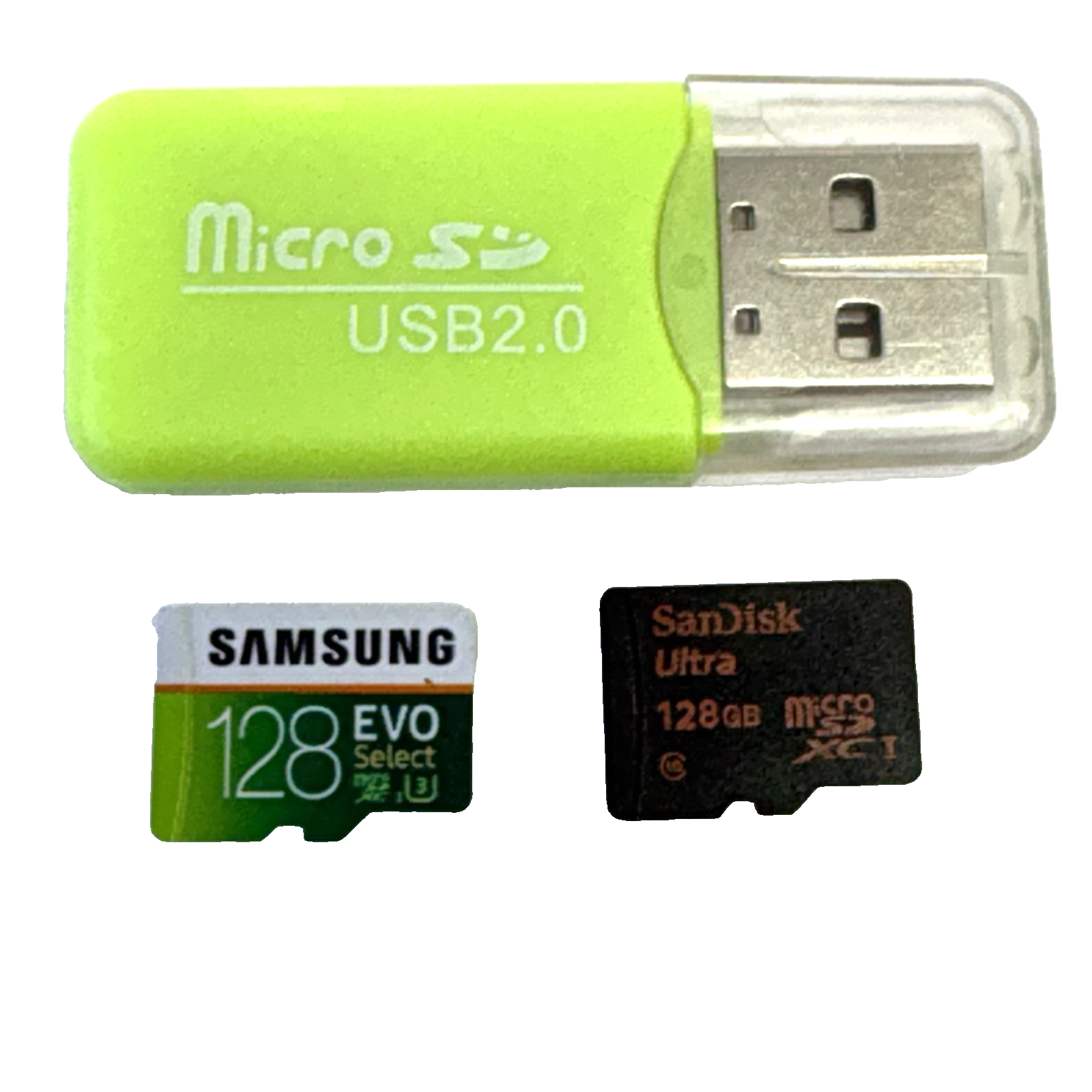 Lot of 2x 128GB Micro SD Cards Samsung EVO Select & SanDisk Ultra + USB Reade