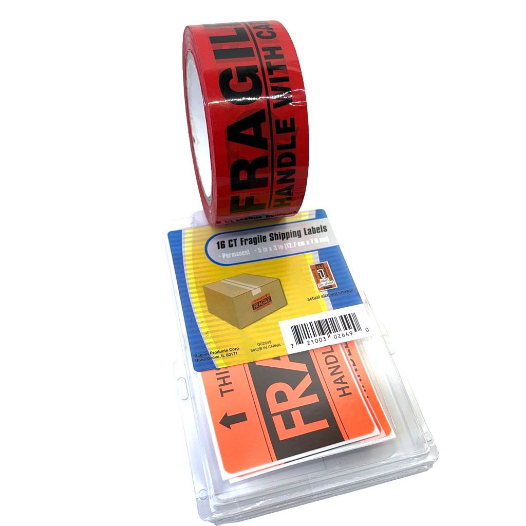 Tape Gun + Fragile Red Tape + 16 Labels + Clear Packing Tape New Bundle
