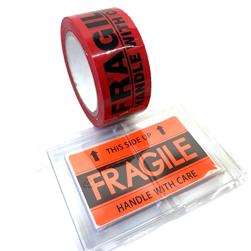 Tape Gun + Fragile Red Tape + 16 Labels + Clear Packing Tape New Bundle