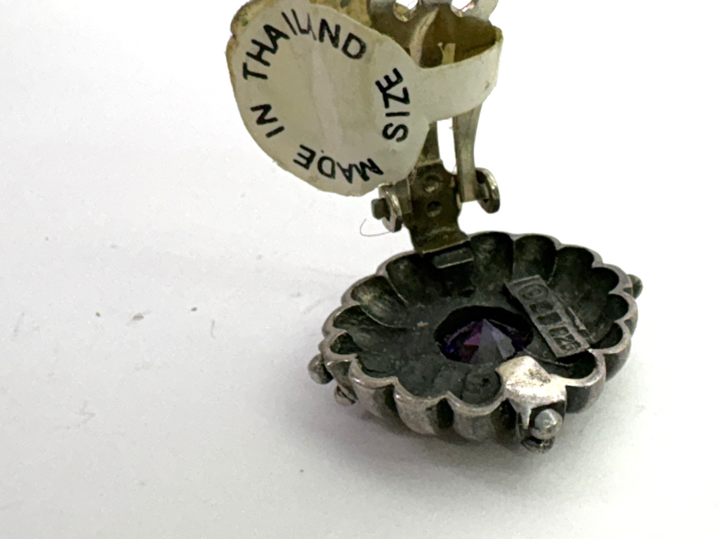 Vintage 925 Sterling Silver Amethyst Clip-On Earrings Thailand Floral Sunburst