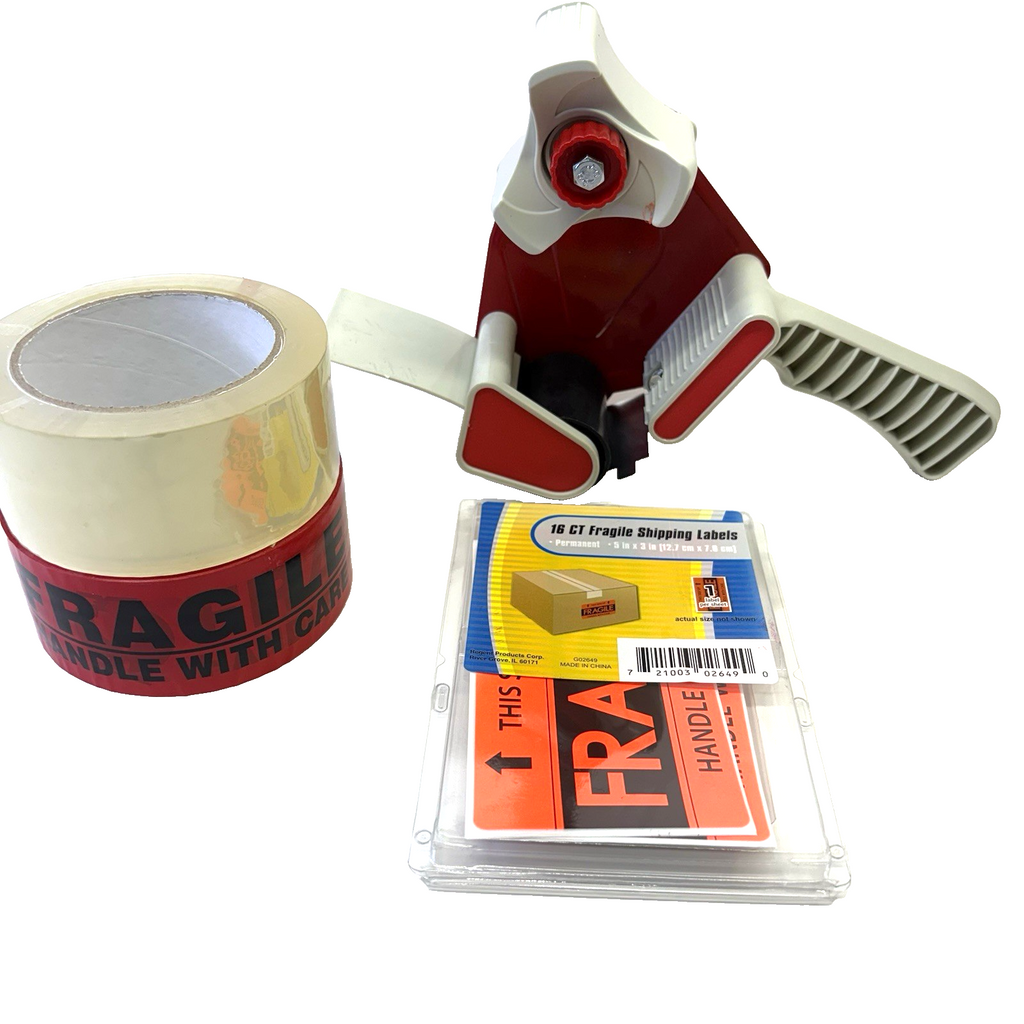 Tape Gun + Fragile Red Tape + 16 Labels + Clear Packing Tape New Bundle
