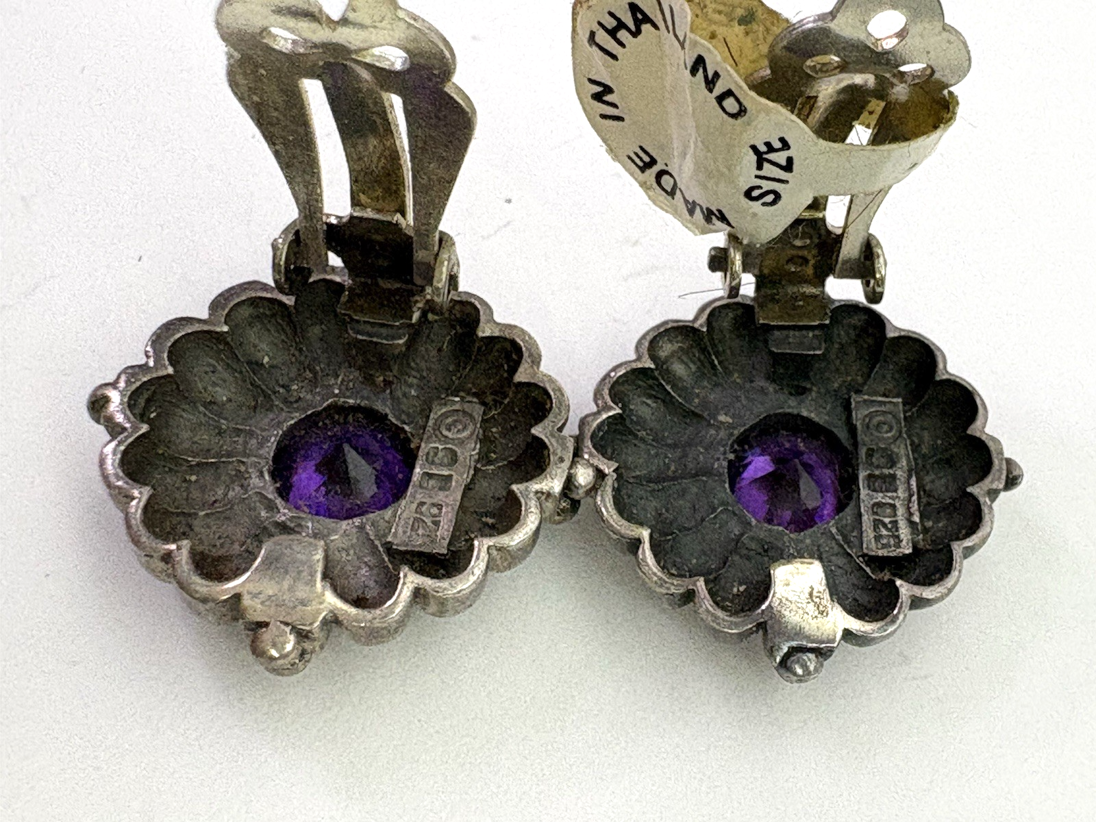 Vintage 925 Sterling Silver Amethyst Clip-On Earrings Thailand Floral Sunburst