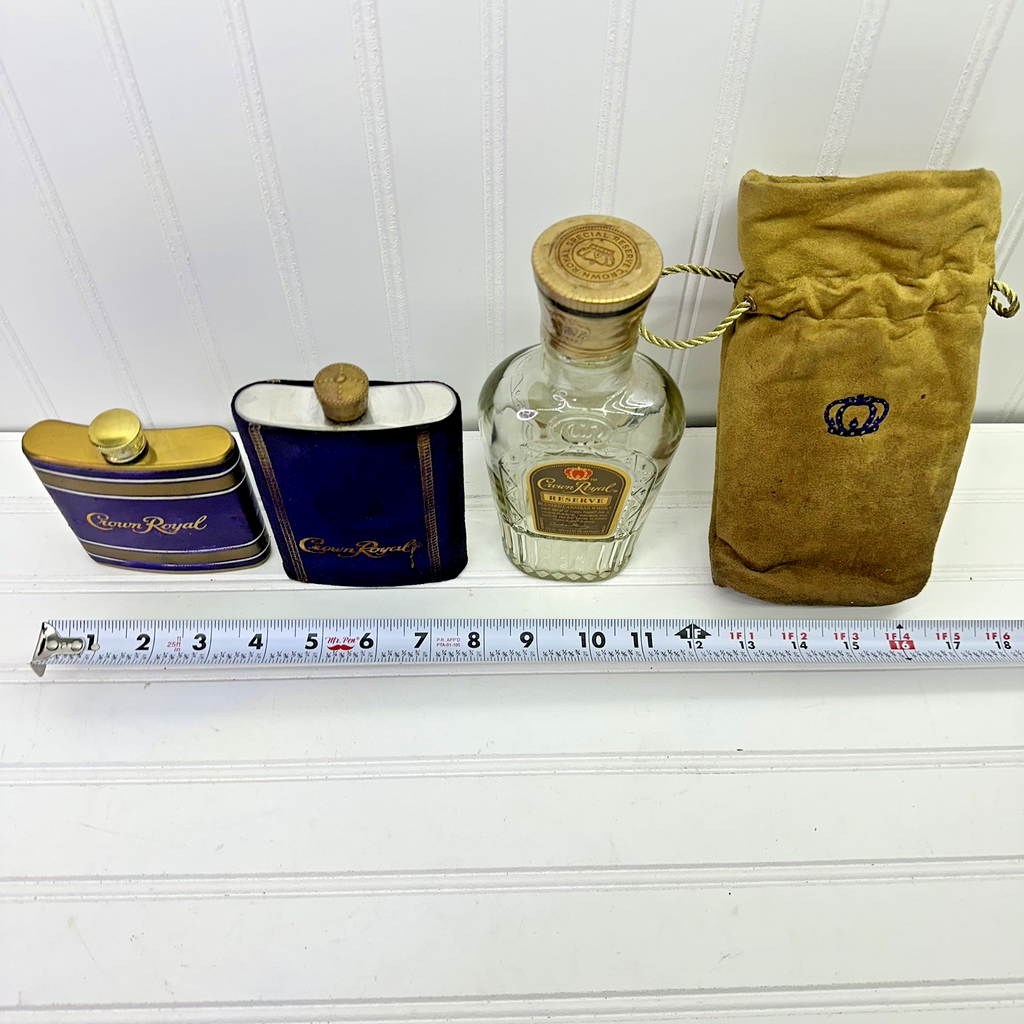 Lot  Crown Royal FlaskEmpty Bottles Reserve Glass Bottle Tin & Bag Set