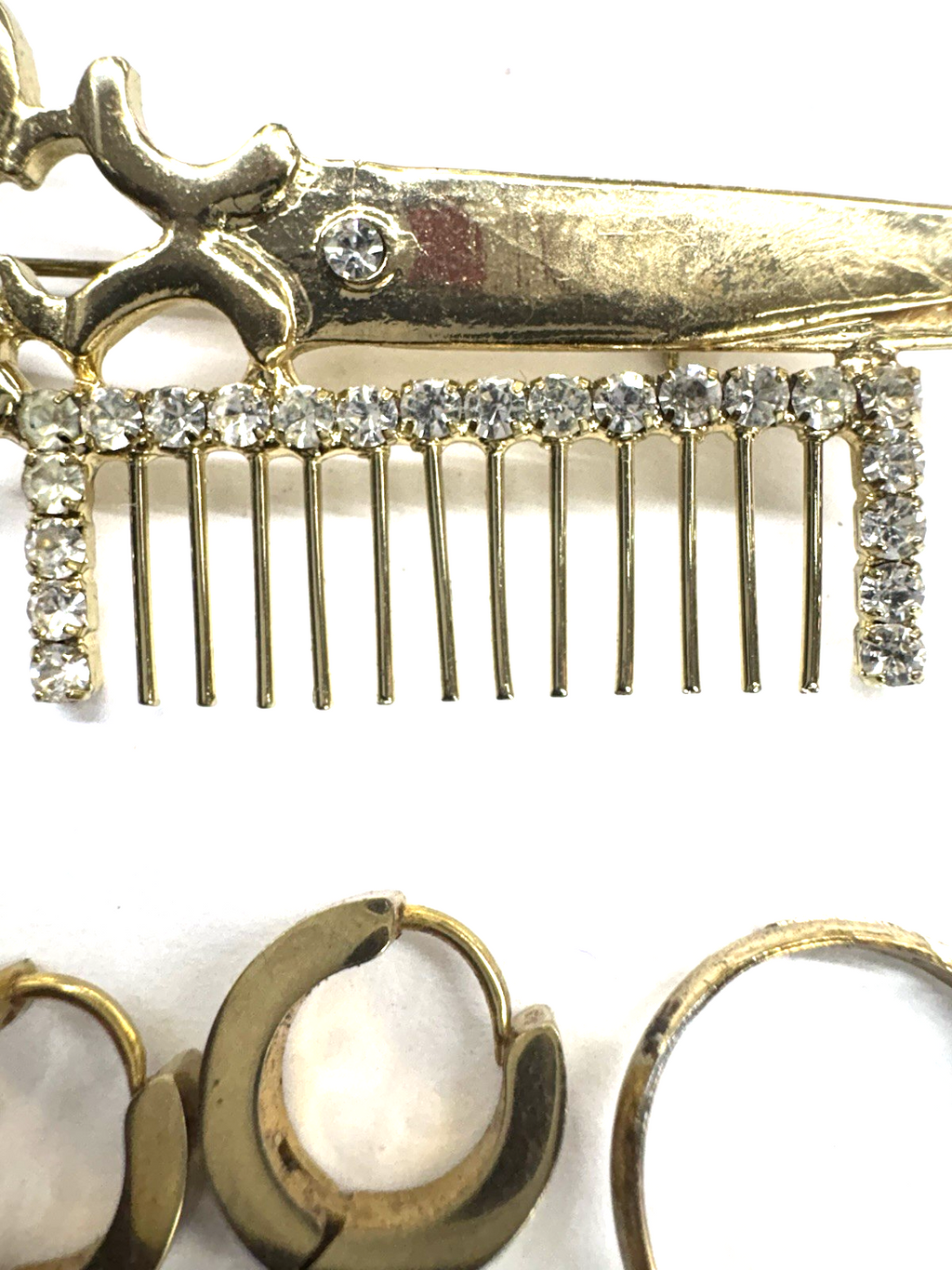 Vintage Gold Tone Jewelry Lot Scissor Comb Brooch Cross Earrings Ring Set