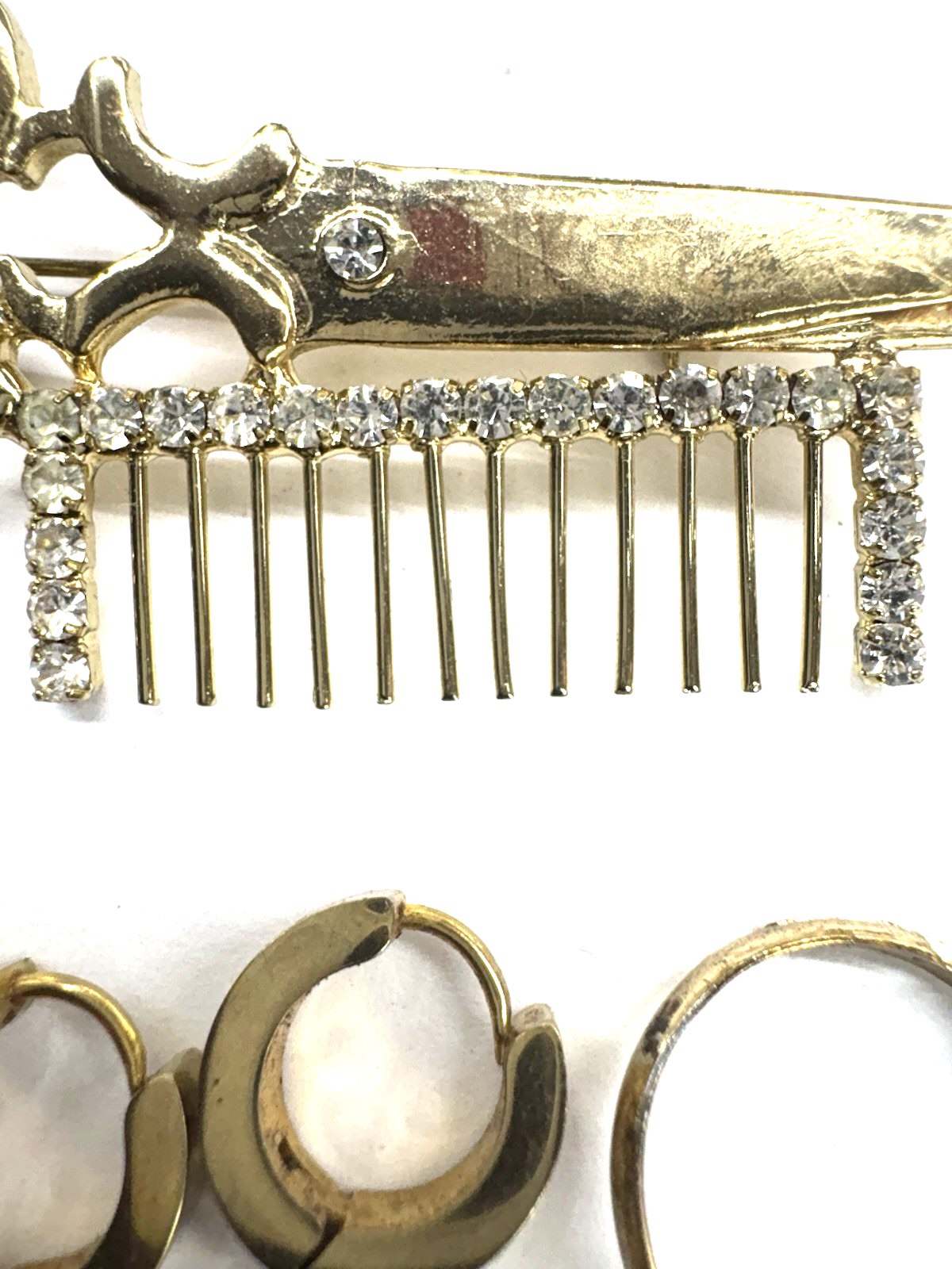 Vintage Gold Tone Jewelry Lot Scissor Comb Brooch Cross Earrings Ring Set