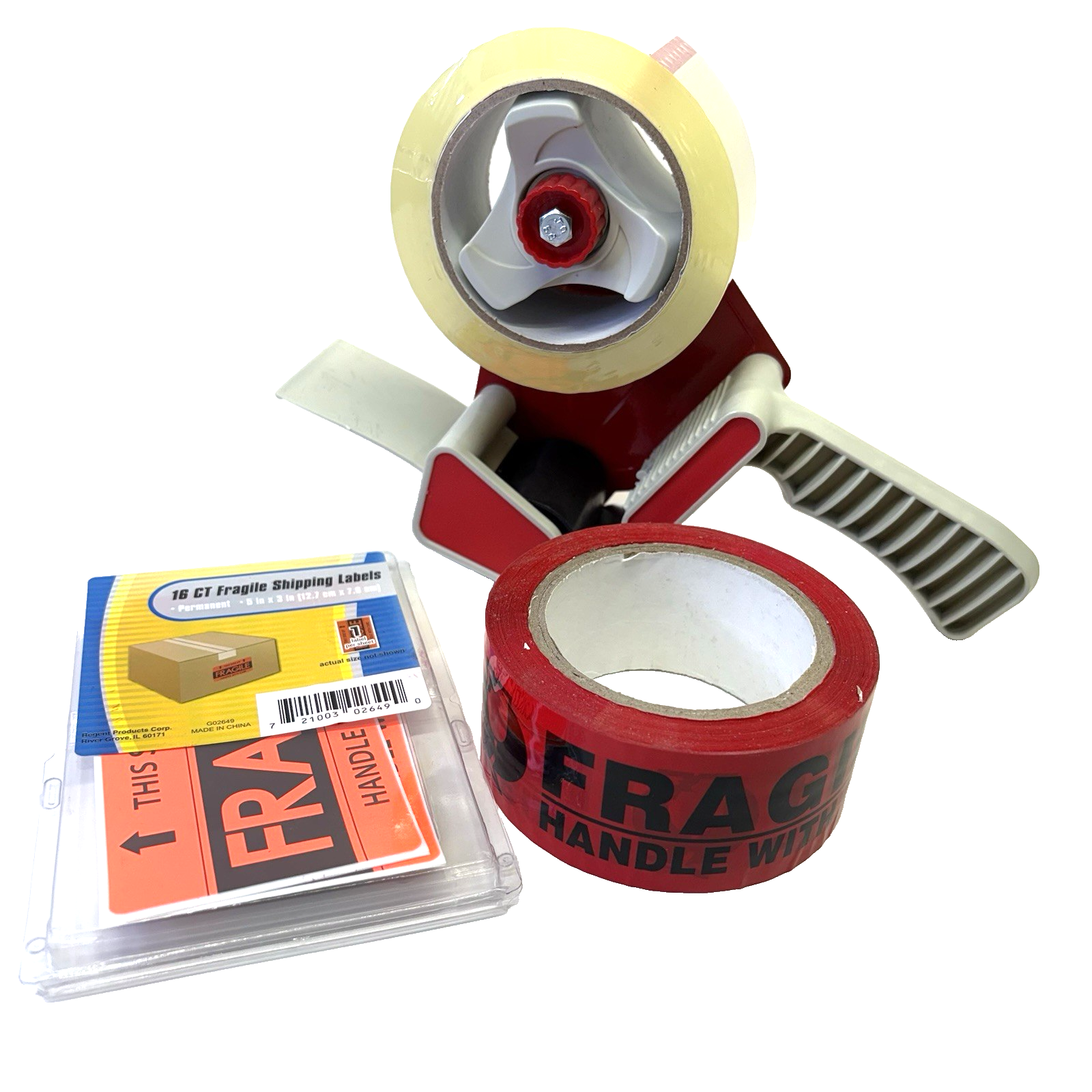 Tape Gun + Fragile Red Tape + 16 Labels + Clear Packing Tape New Bundle