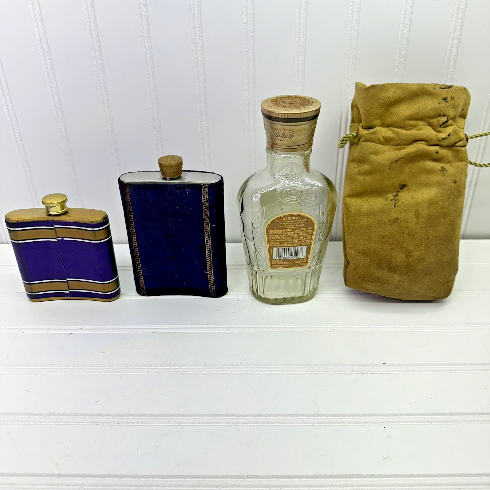 Lot  Crown Royal FlaskEmpty Bottles Reserve Glass Bottle Tin & Bag Set