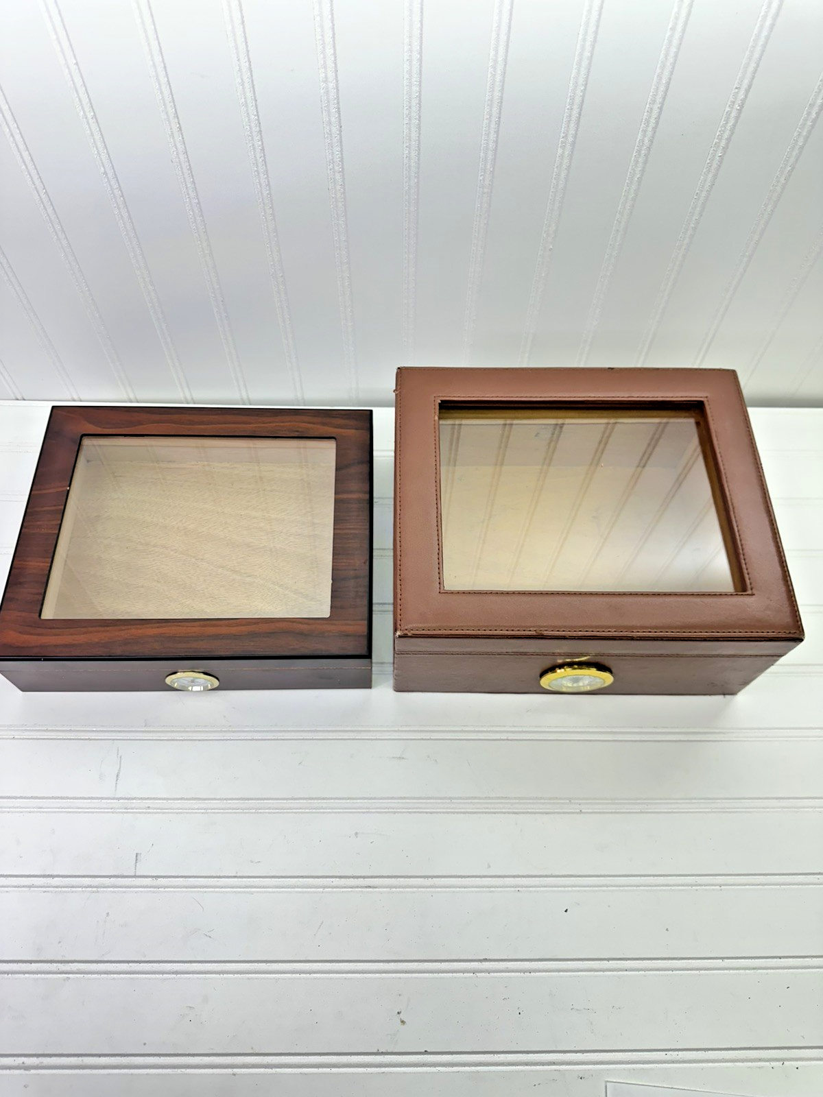 Lot of 2 Cigar Humidor Glass Top Box Hygrometer Cedar Wood Leather & Bald Eagle