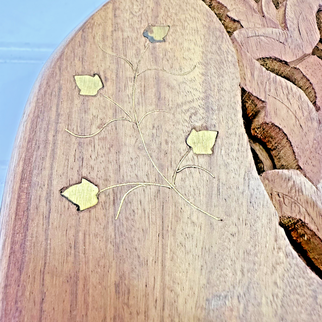 12” Hand Carved Wooden Folding Book Stand Brass Inlay Rehal Quran Bible India