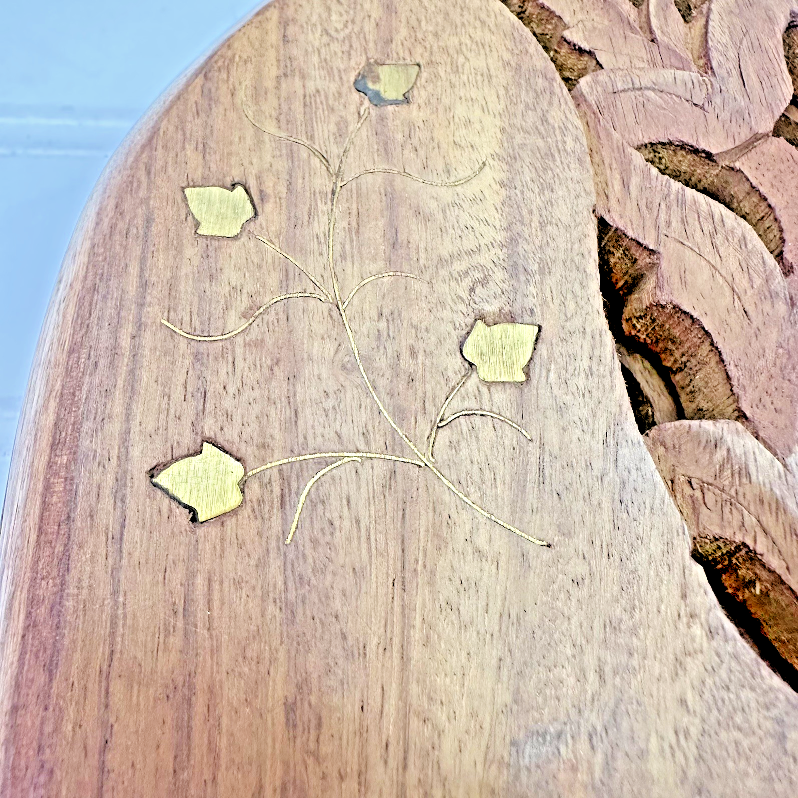 12” Hand Carved Wooden Folding Book Stand Brass Inlay Rehal Quran Bible India