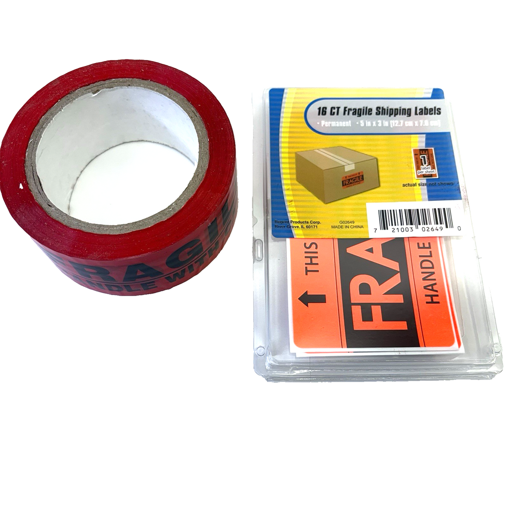 Tape Gun + Fragile Red Tape + 16 Labels + Clear Packing Tape New Bundle