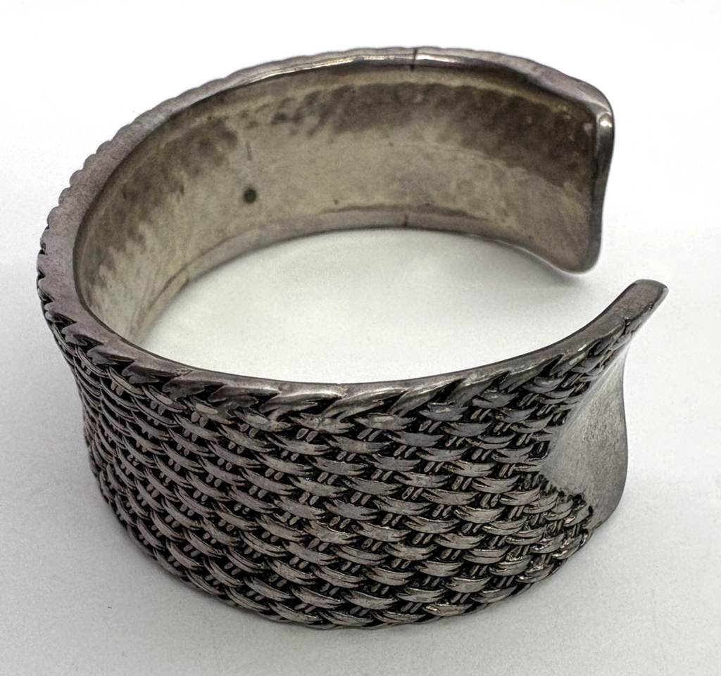 Vintage Premier Designs Basketweave Cuff Bracelet Silver Tone Wide Textured 