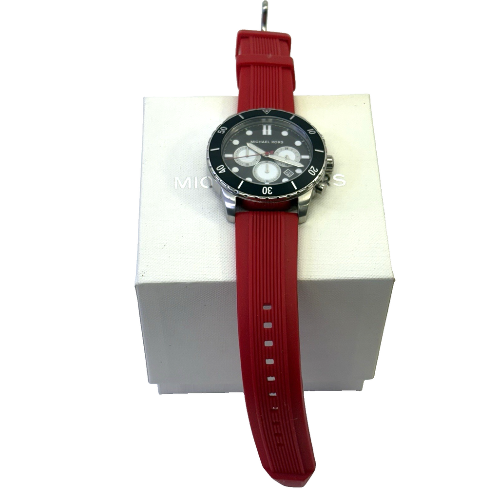 Michael Kors Cunningham Mens Chronograph Watch, Black Dial, Red Silicone Strap